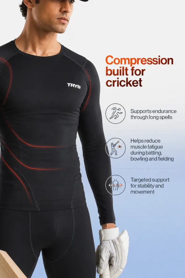 Compression built for cricket: supports endurance through long spells, reduces muscle fatigue, targeted support