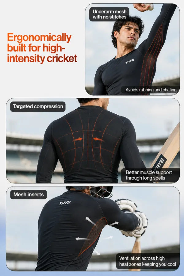 Ergonomically built for high-intensity cricket: underarm mesh, targeted compression, ventilation across heat zones